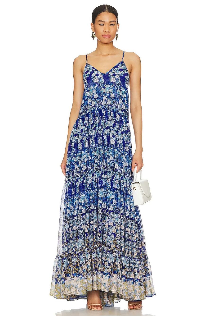 MISA Los Angeles Kali Floral Tiered Ruffle Maxi Dress Boho Chic Vacation Blue S